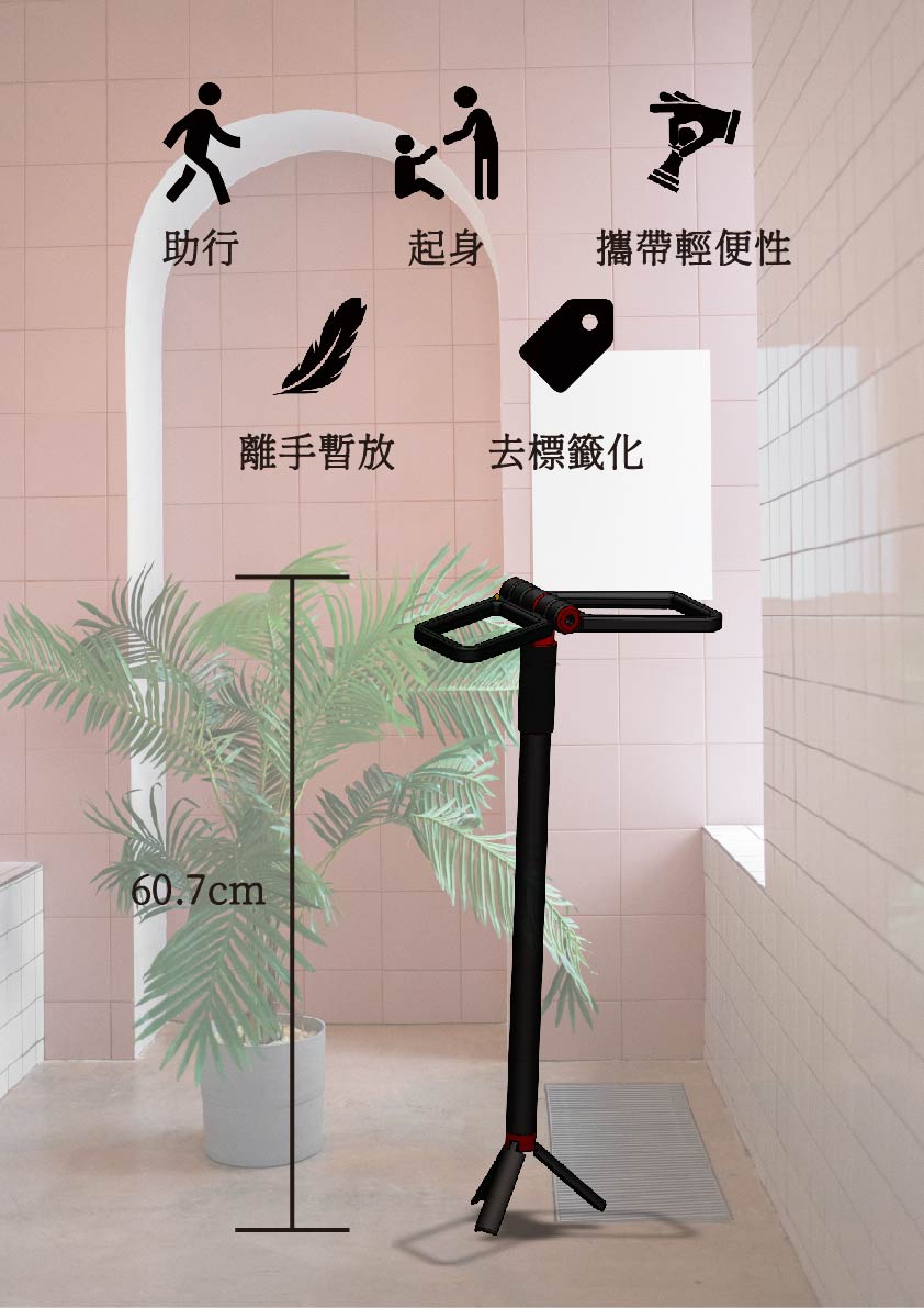 可開啟扶手結合三瓣式腳架之自立式起身輔助拐杖開發