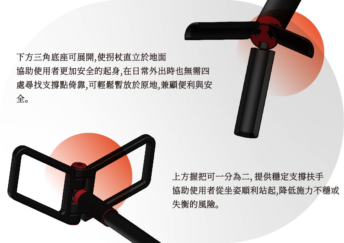 可開啟扶手結合三瓣式腳架之自立式起身輔助拐杖開發