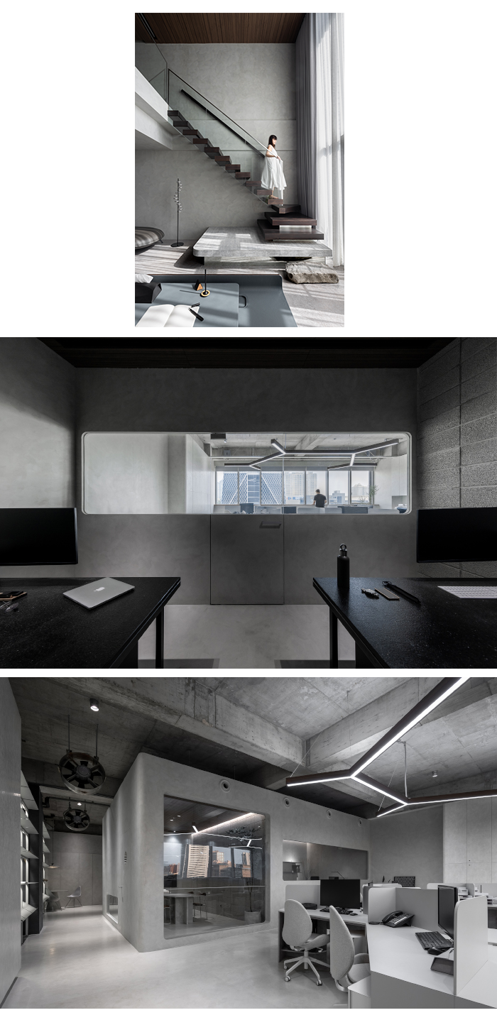 TaG living 創夏設計辦公空間實景:清水模挑高空間的懸浮樓梯、以圓角窗連通的會議室,以及設有Y字形吊燈的開放式辦公區
